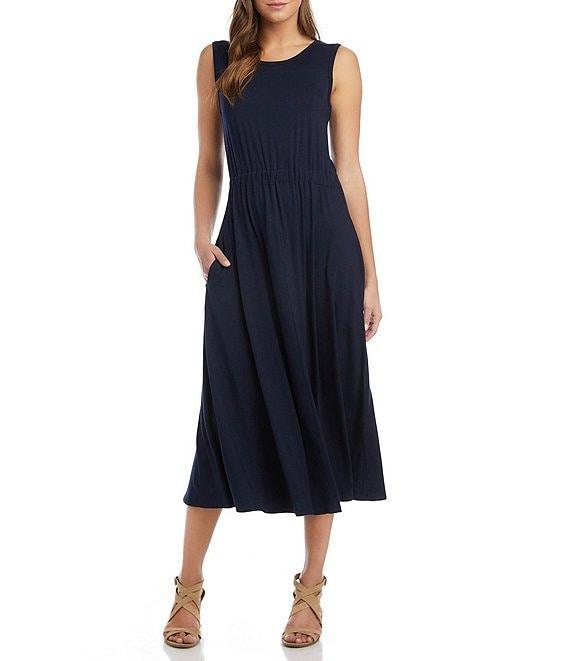 Karen Kane Sleeveless Cinched Waist Crew Neck Artisan Midi Dress Product Image