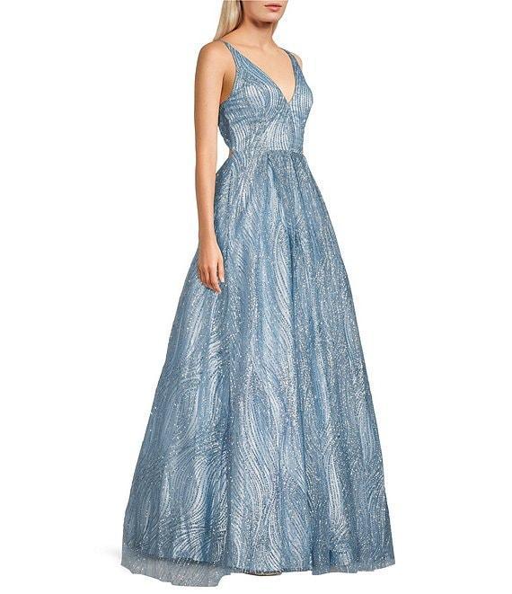 Blondie Nites Glitter Mesh Print V-Neck Sleeveless Tie Back Gown Product Image