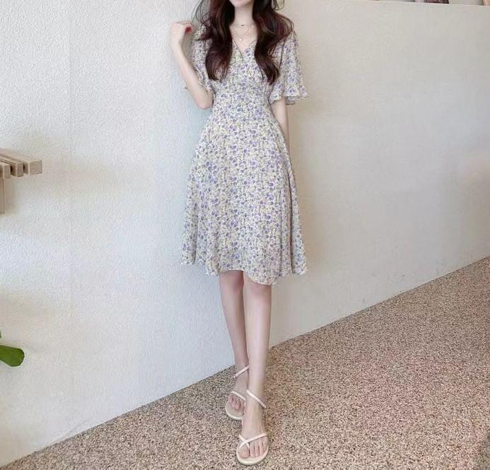 Short Sleeve V-Neck Floral Print Mini A-Line Dress Product Image