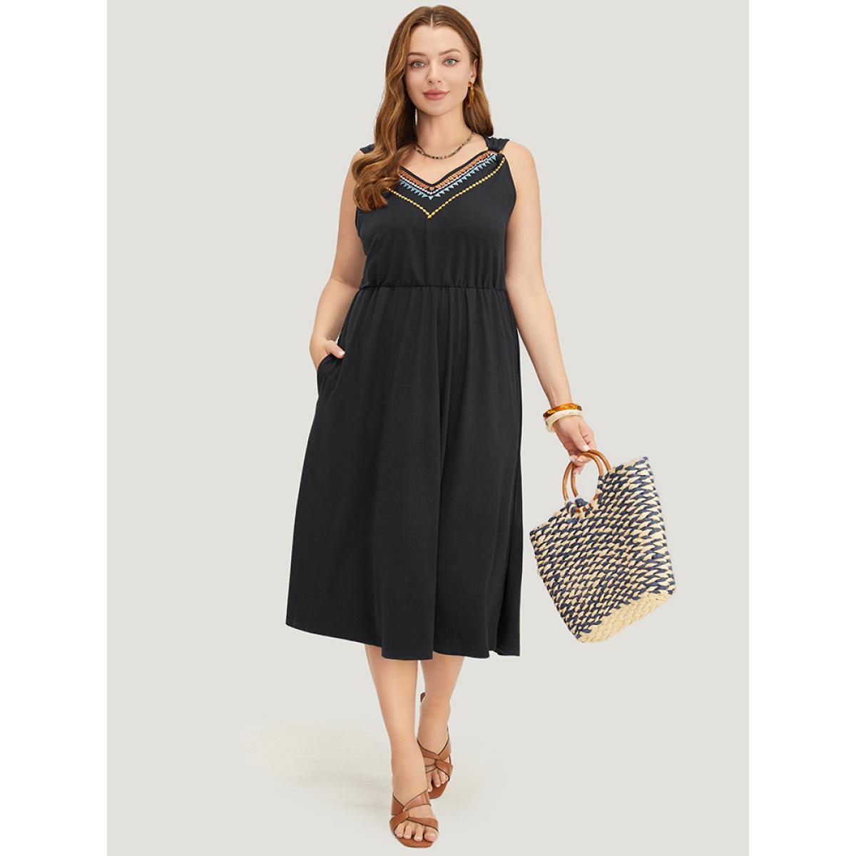 Plus Size Geometric Embroidered Buckle Detail Pocket Ruffle Hem Cami Dress Black Women Vacation Embroidered V-neck Sleeveless Curvy Midi Dress BloomChic 22-24/3X Product Image