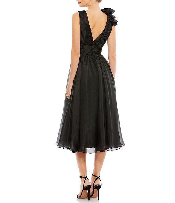 Mac Duggal Double V-Neck Ruffle Shoulder A-line Midi Dress Product Image