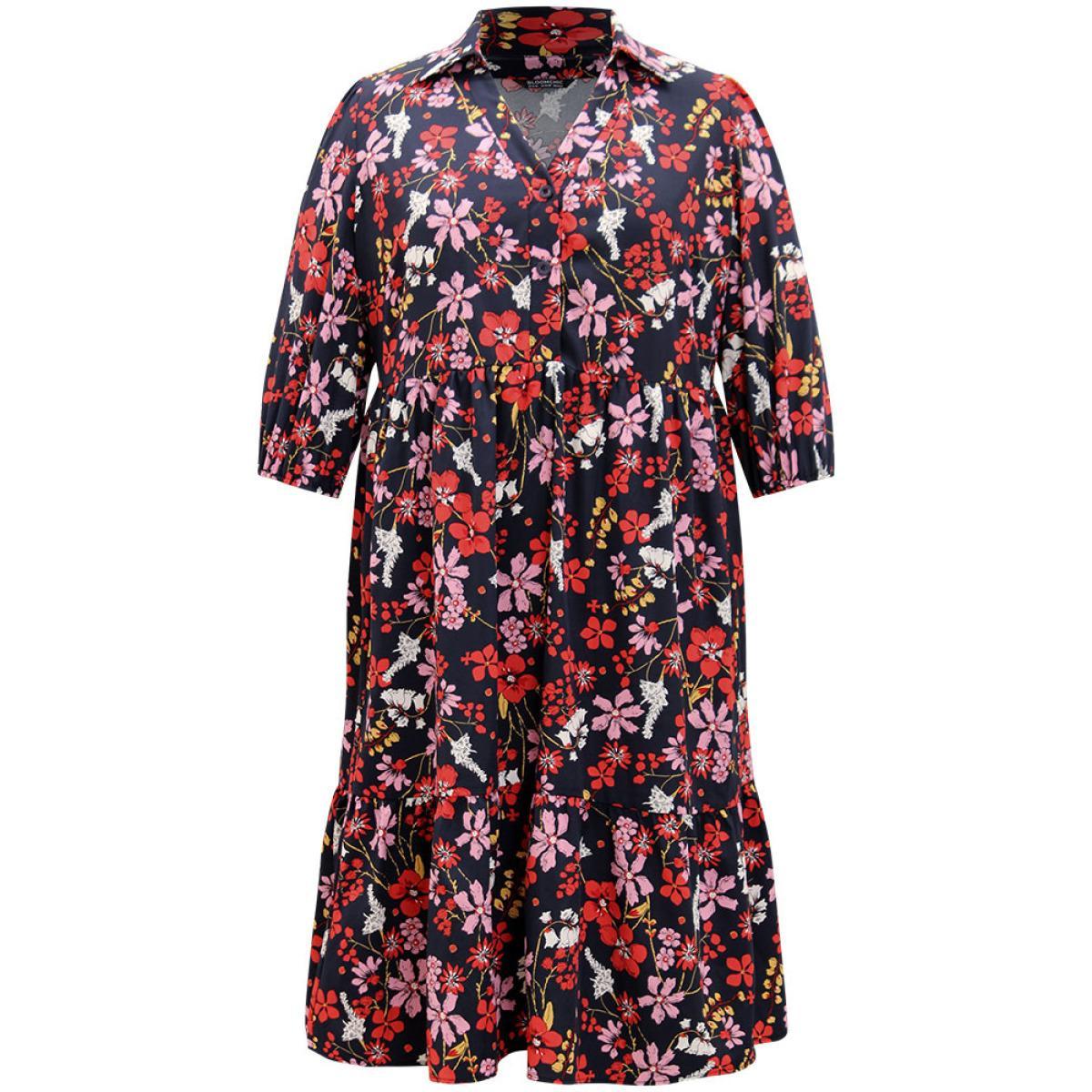 Plus Size Floral Print Shirt Collar Ruffled Hem Dress DarkBlue Women Elegant Elastic cuffs Shirt collar Elbow-length sleeve Curvy Midi Dress BloomChic 14-16/1X Product Image