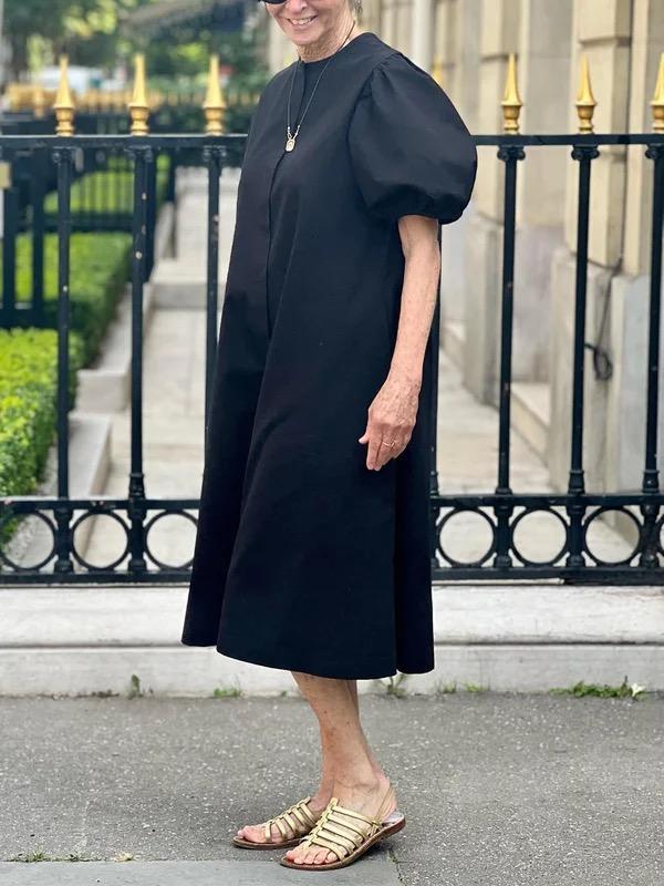 A-Line Loose Pleated Pockets Solid Color Round-Neck Midi Dresses Product Image