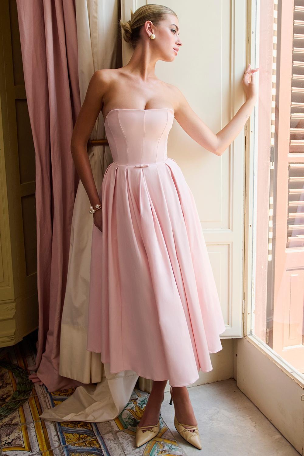 Contessa  parisian pink strapless corset midi dress Product Image
