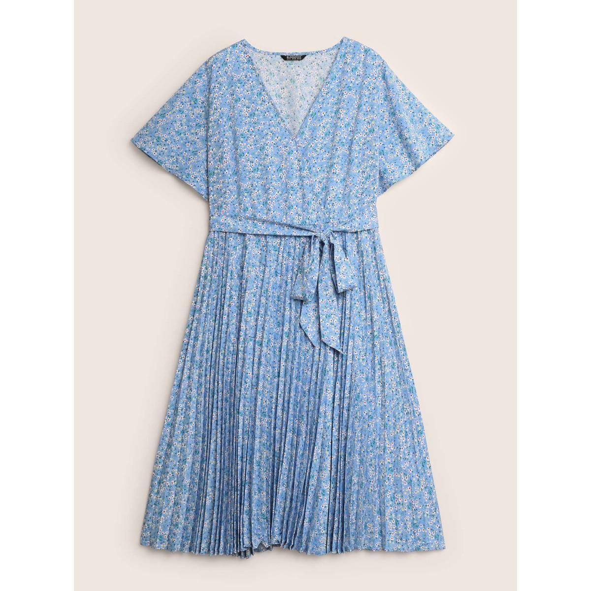 Plus Size Ditsy Floral Overlapping Pleated Belted Dress LightBlue Women Elegant Overlapping V-neck Short sleeve Curvy BloomChic 12/L Product Image