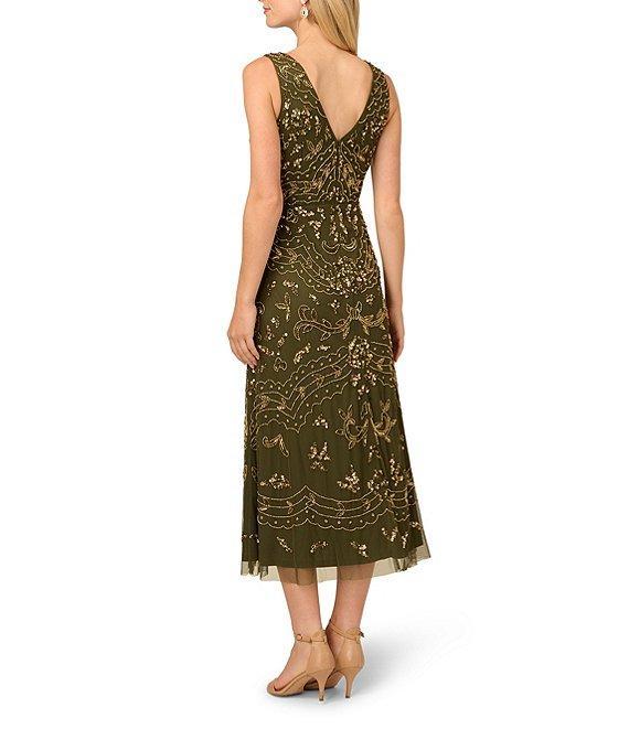 Adrianna Papell Beaded V-Neck Sleeveless Midi Dress Product Image