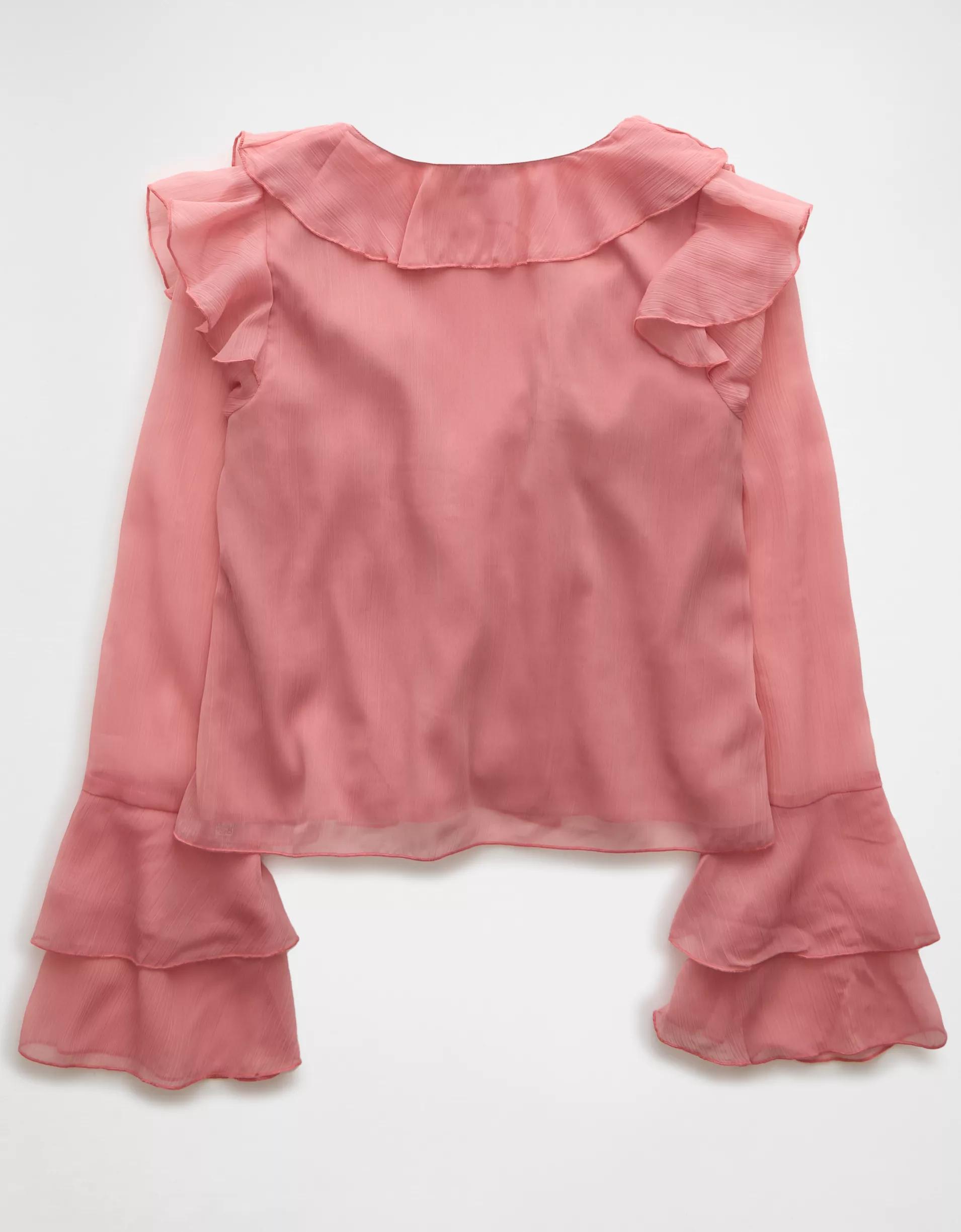 AE Long-Sleeve Chiffon Ruffle Blouse Product Image