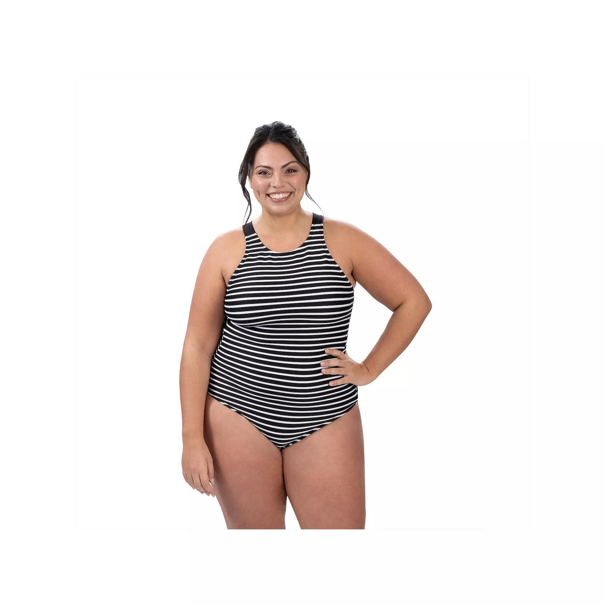 Women's Dolfin Aquashape Striped Scoopneck Rib Knit One-Piece Swimsuit, Size: 16, Black White Stripe Product Image