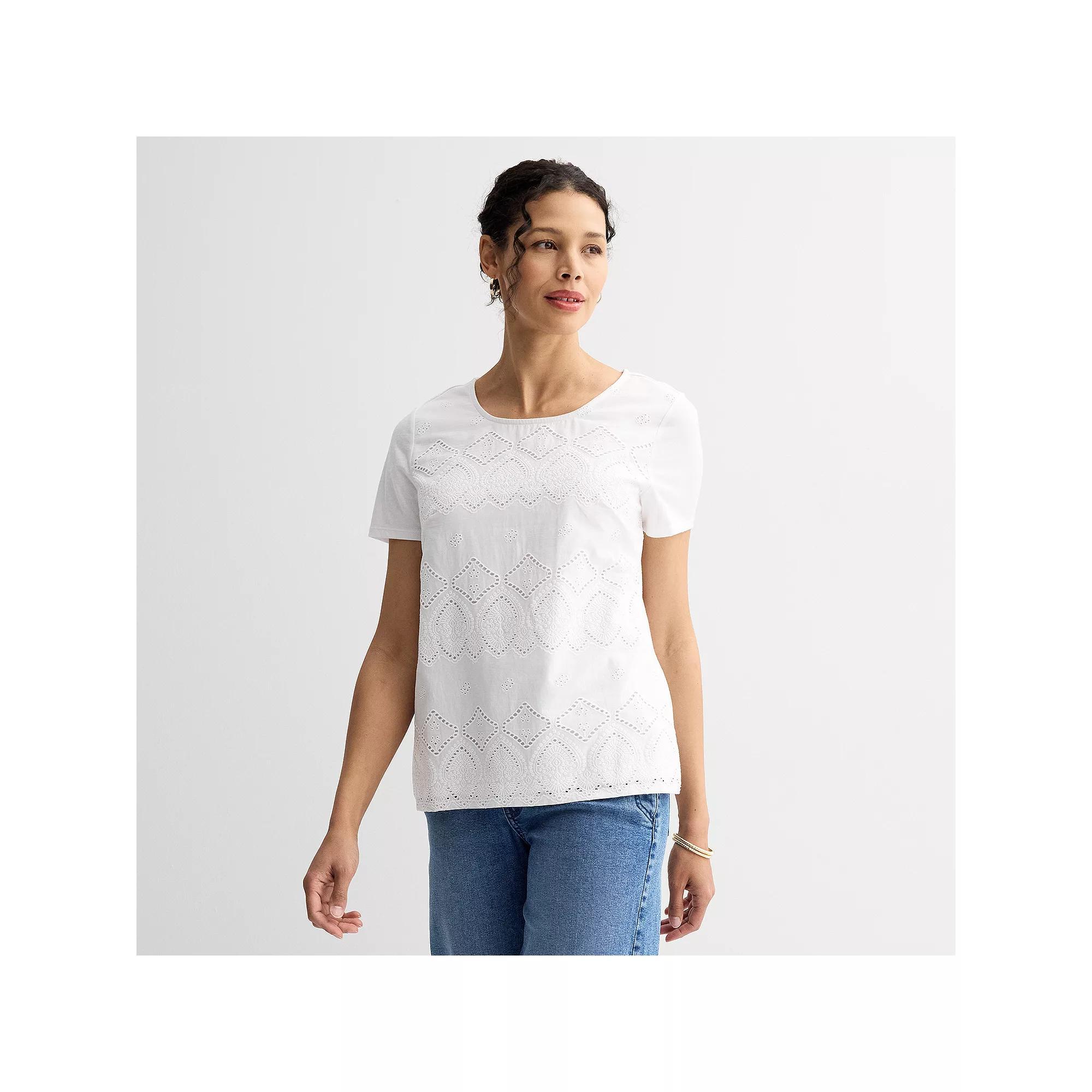 Women's Croft & Barrow® Knit Tee With Eyelet Overlay, Size: XL, Bright White Product Image