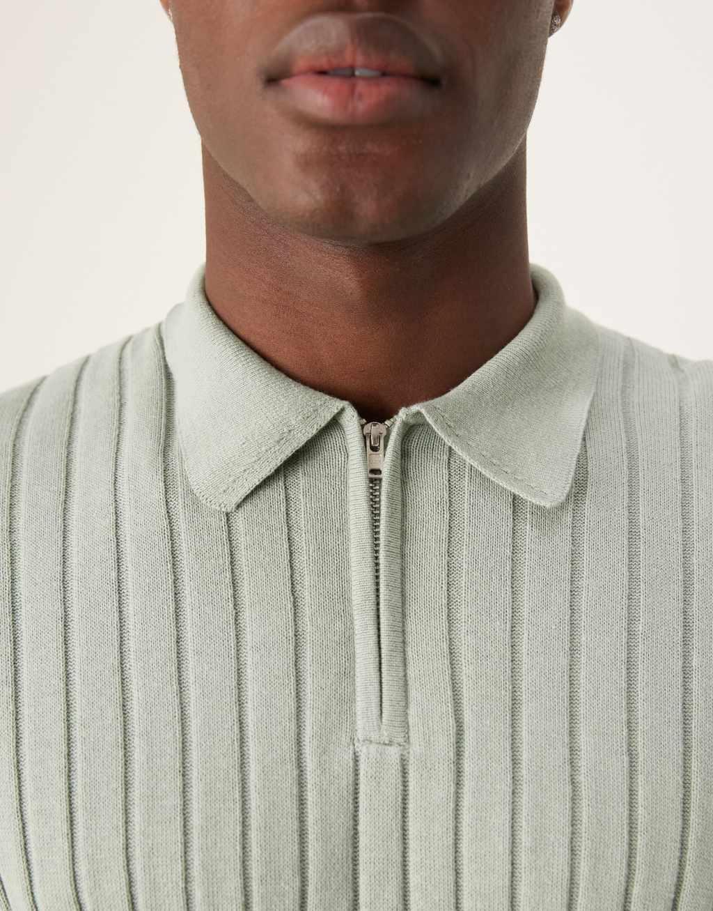 ASOS DESIGN essential knitted rib quarter zip polo sweater in light green Product Image