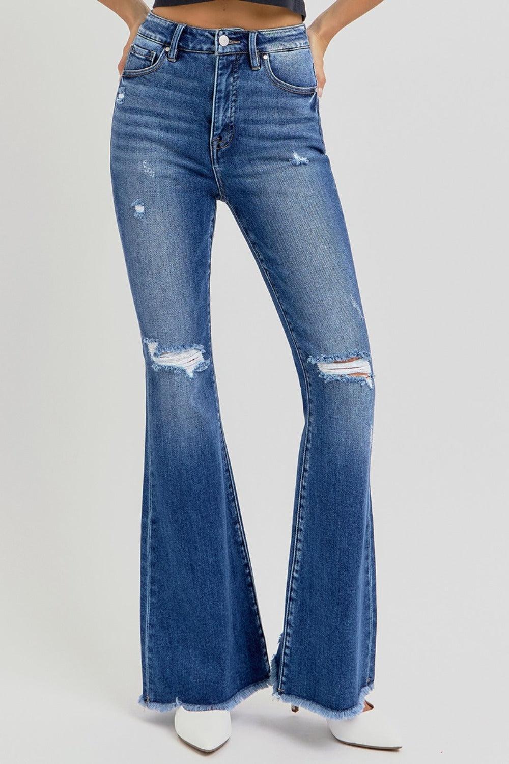 Risen High Rise Distressed Raw Hem Flare Jeans Product Image