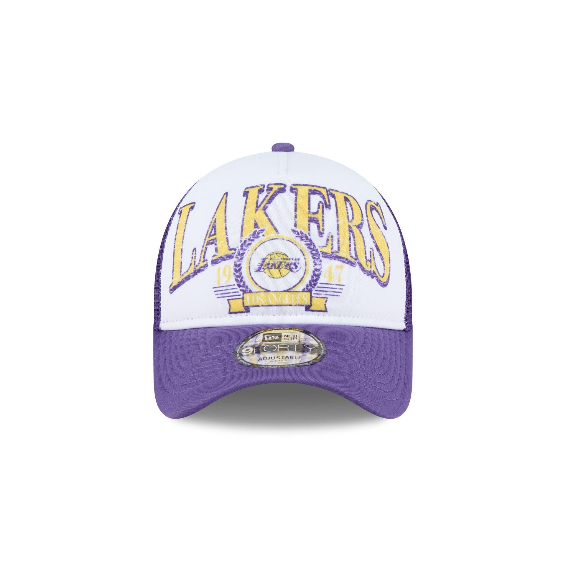 Los Angeles Lakers Distressed 9FORTY A-Frame Trucker Hat Male Product Image