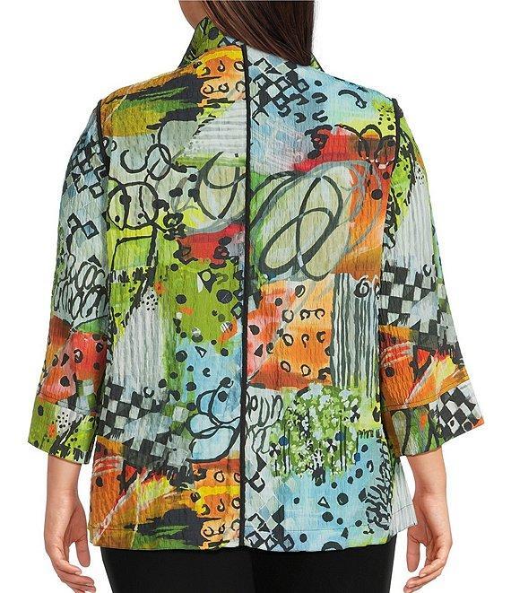 Ali Miles Plus Size Textured Woven Abstract Multi Print Wire Collar 3/4 Sleeve Button-Front Tunic Product Image