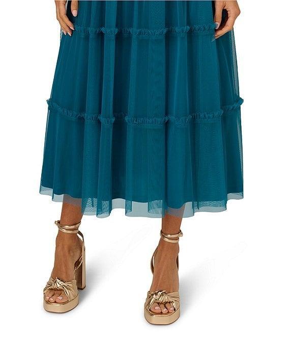 Adrianna Papell Knit And Mesh Halter Neck Sleeveless Tiered Trimmed A-Line Dress Product Image