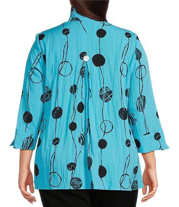 Ali Miles Plus Size Printed Woven Crinkle Wire Collar 3/4 Sleeve Button Front Tunic Product Image