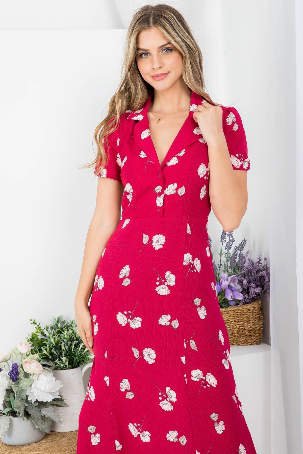 Floral Wine Buttons Midi Dress Product Image
