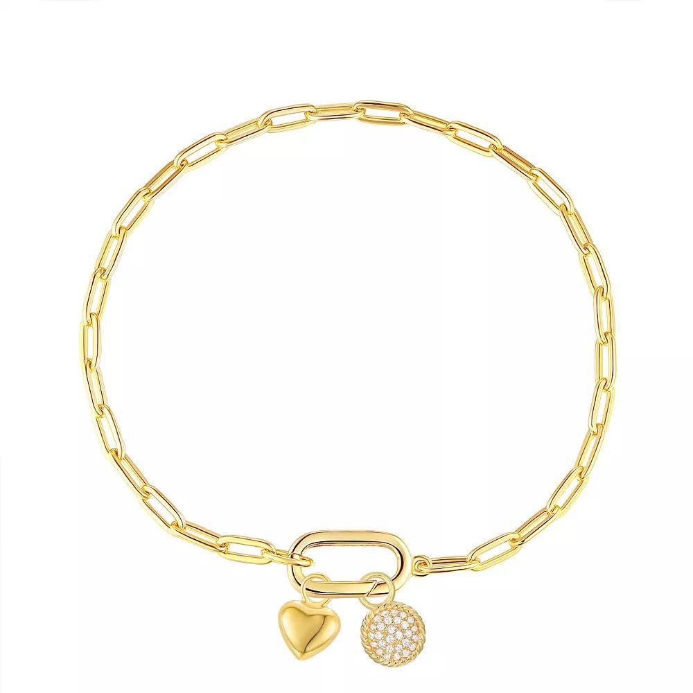 Argento Forte 14k Gold Over Silver Heart & Cubic Zirconia Charm Paper Clip Chain Bracelet - 7.5 in., Women's, Size: 7.5", Sterling Silver Product Image