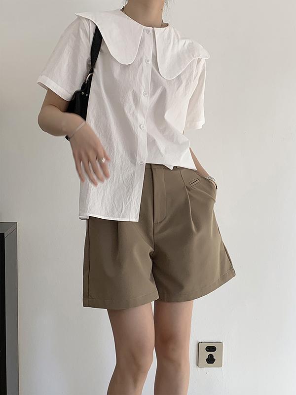 Loose Short Sleeves Solid Color Split-Joint Peter Pan Collar Blouses&Shirts Tops Product Image