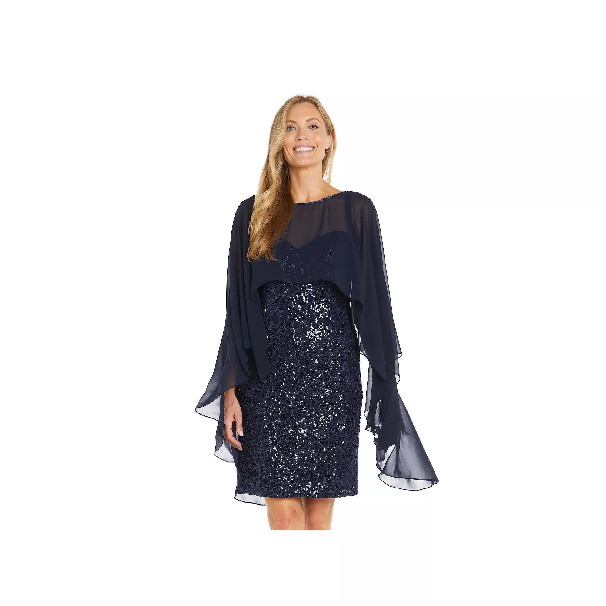 Women's R&M Richards Short Lace & Sequin Dress with Flyaway Capelet,  Product Image