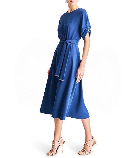 DKNY by Donna Karan Knit Round Neck Short Ruched Sleeve Tie Waist Midi Dress Product Image