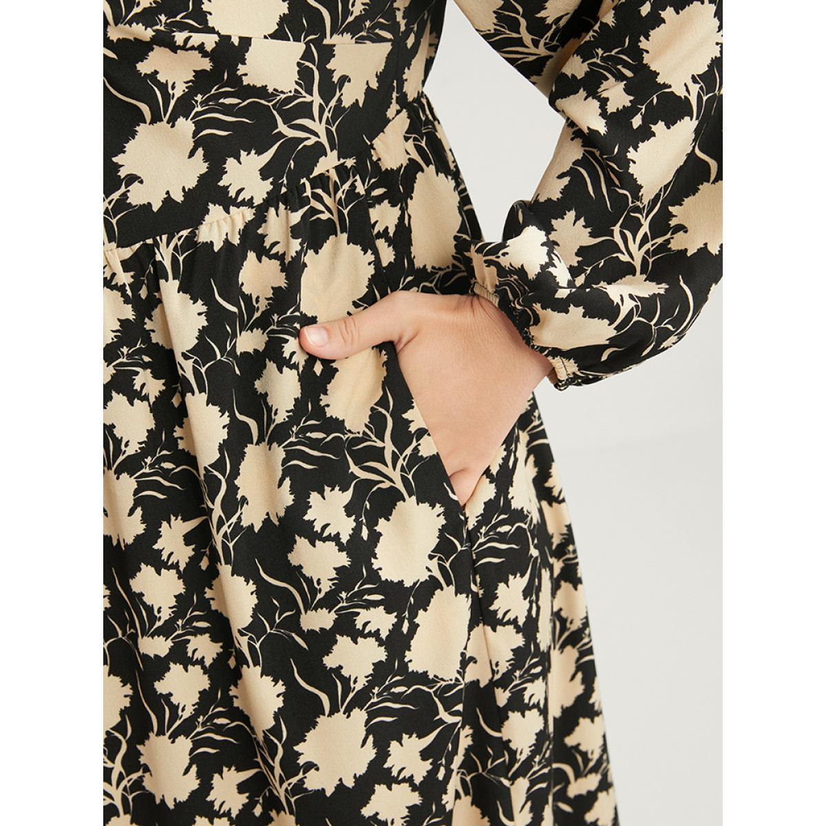 Plus Size Floral Lantern Sleeve Pocket V Neck Midi Dress Black Women Elegant Elastic Waist V-neck Long Sleeve Curvy Midi Dress BloomChic 28/5X Product Image