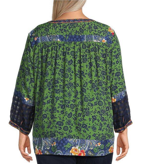 John Mark Plus Size Embroidered Printed Y-Neck 3/4 Sleeve Pintuck Peasant Tunic Product Image