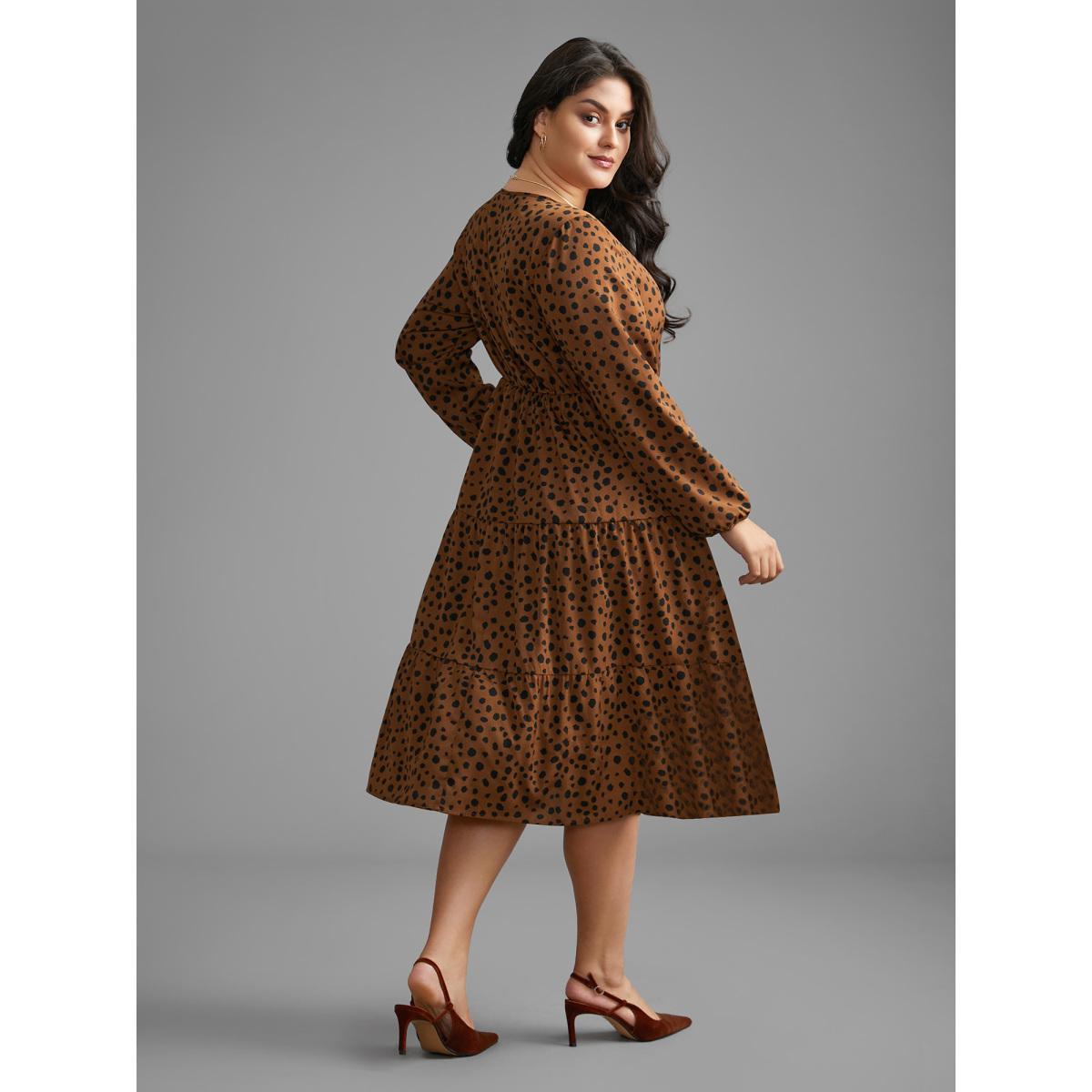 Plus Size Leopard Print Tie Knot Ruffle Layered Hem Dress Browncoffeecolor Women Elegant Tie knot V-neck Long Sleeve Curvy BloomChic 10/M Product Image