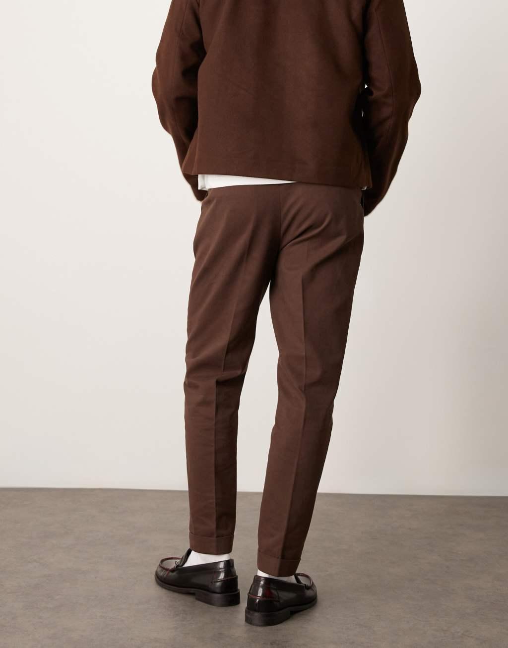 ASOS DESIGN smart tapered cotton chino pants with front pleats in brown Product Image