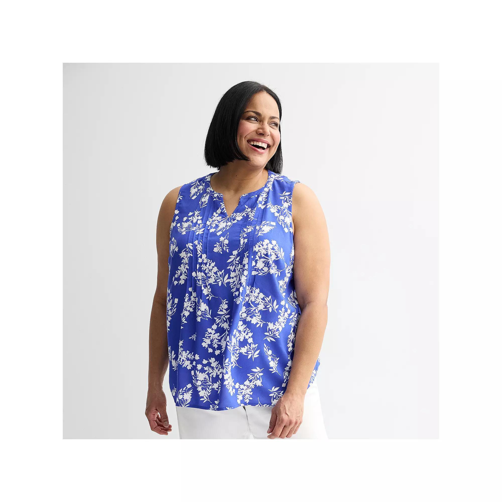 Plus Size Croft & Barrow® Pintuck Sleeveless Shell Top, Women's, Size: 3XL, Blue Whimsy Floral Product Image