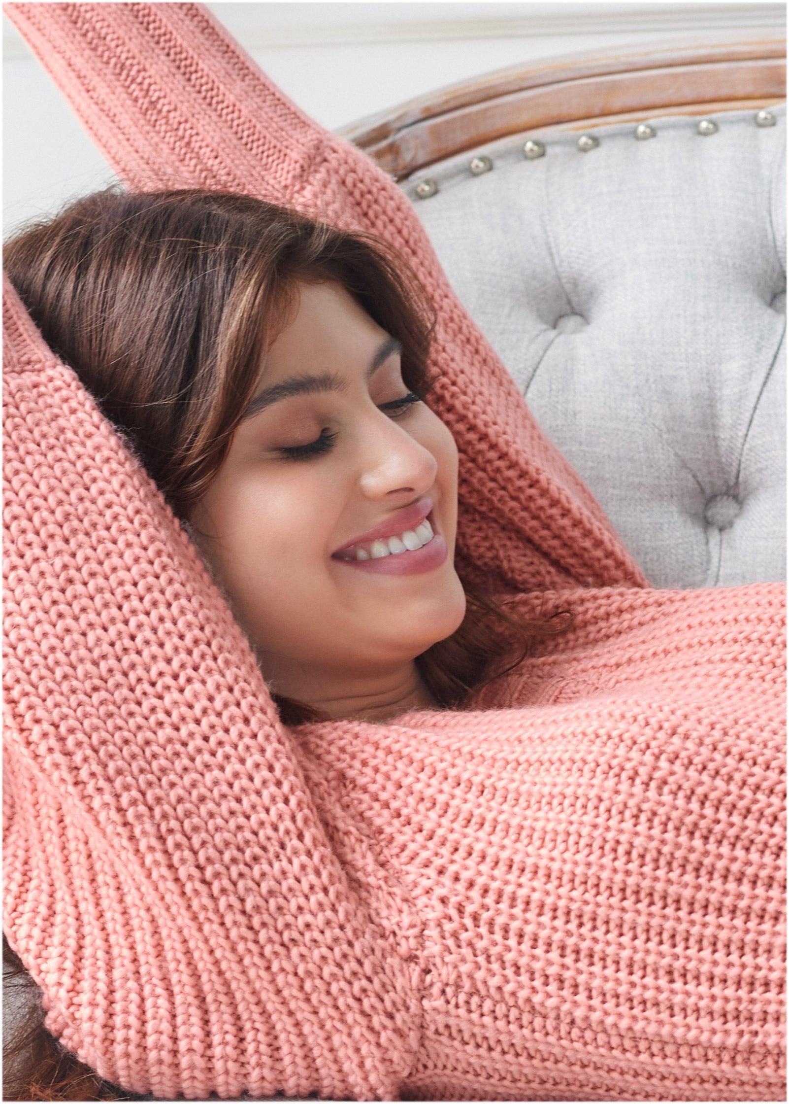 Puff Sleeve Ribbed V Neck Sweater - Dusty Pink Product Image