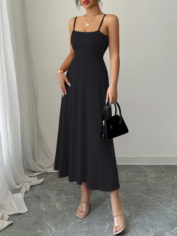 A-Line High Waisted Backless Pleated Solid Color Spaghetti-Neck Midi Dresses Product Image