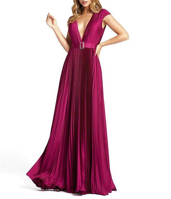 Mac Duggal Pleated Deep V-Neck Cap Sleeve Belted Gown Product Image
