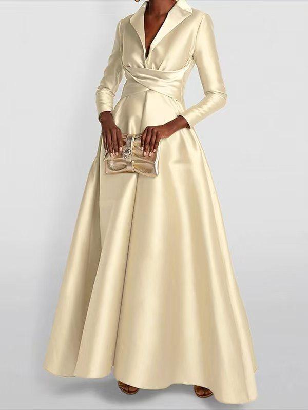 A-Line High Waisted Pleated Solid Color V-Neck Maxi Dresses Product Image