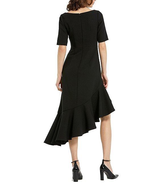 Mac Duggal Crepe Square Neck Elbow Sleeve Asymmetrical Ruffle Hem Midi Dress Product Image