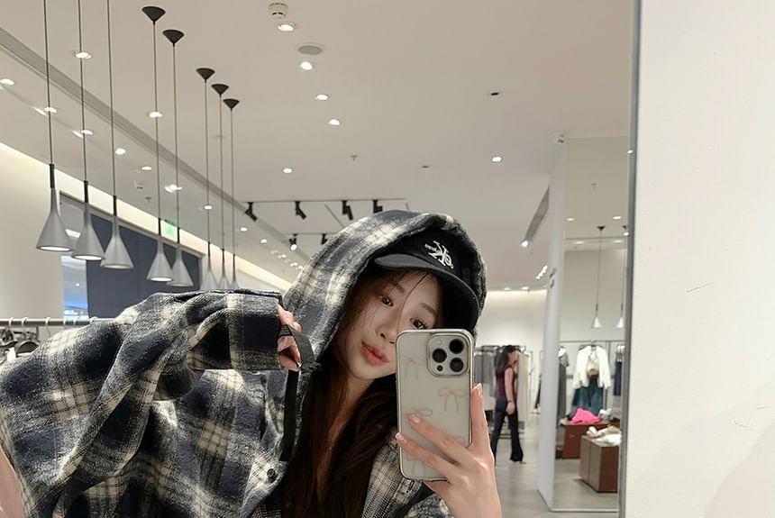 Hooded Button-Up Plaid Shirt Jacket Product Image