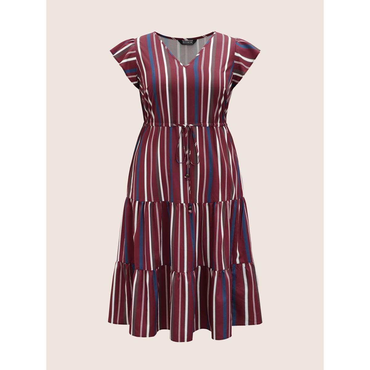 Plus Size Striped Drawstring Ruffle Cap Sleeve Midi Dress Burgundy Women Casual Drawstring V-neck Cap Sleeve Curvy BloomChic 12/L Product Image