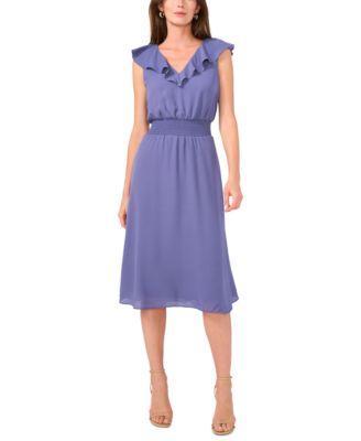 Vince Camuto Womens V-Neck Smocked Ruffled Midi Dress Product Image