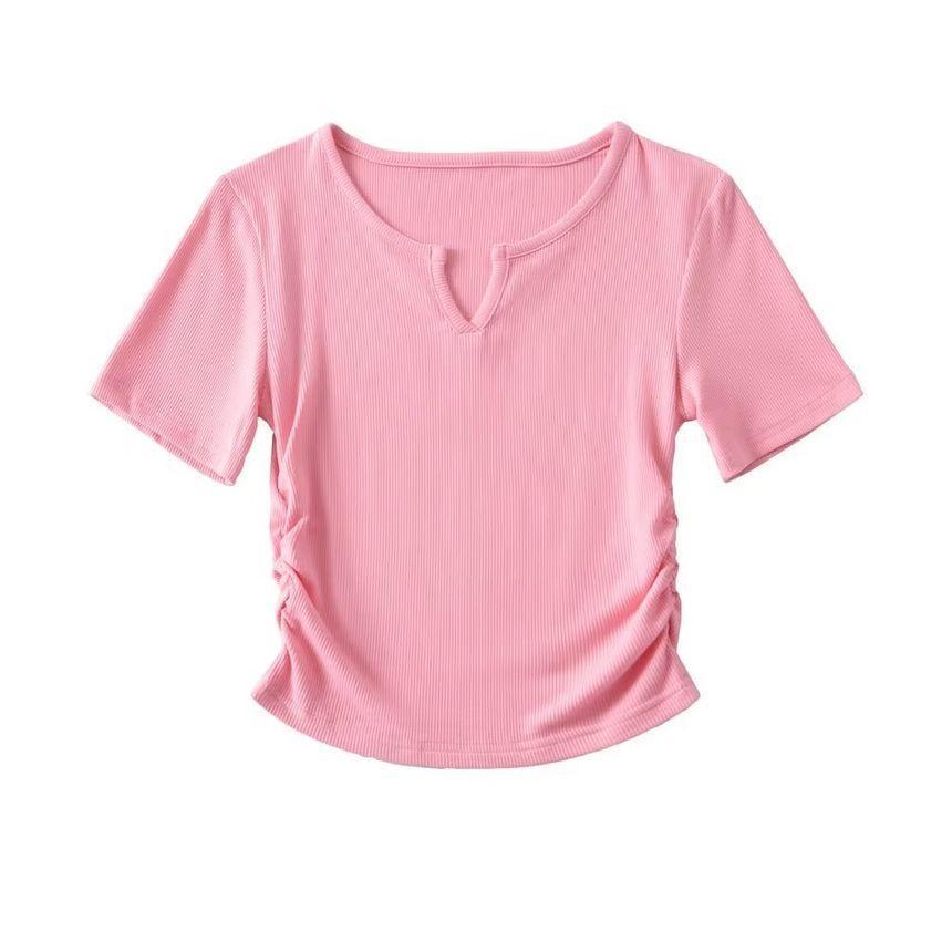 Short-Sleeve Notch Neck Plain T-Shirt Product Image