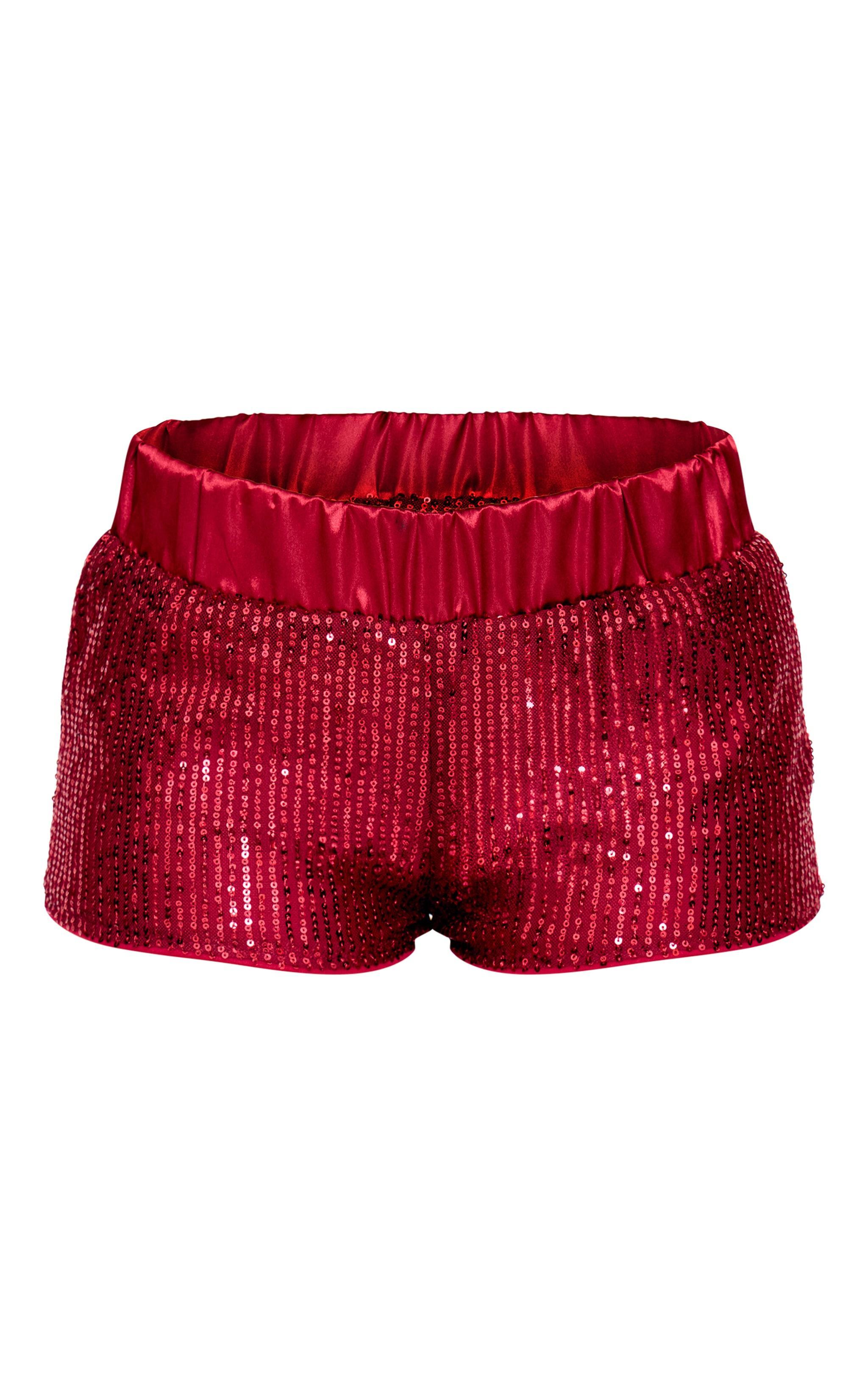 Burgundy Waistband Detail Sequin Mini Shorts Product Image