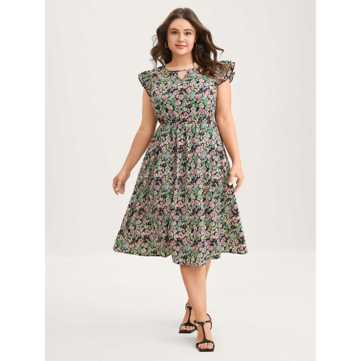 Plus Size Floral Layered Ruffled Sleeve Midi Dress Black Women Round Neck Cap Sleeve Curvy BloomChic 14-16/1X Product Image