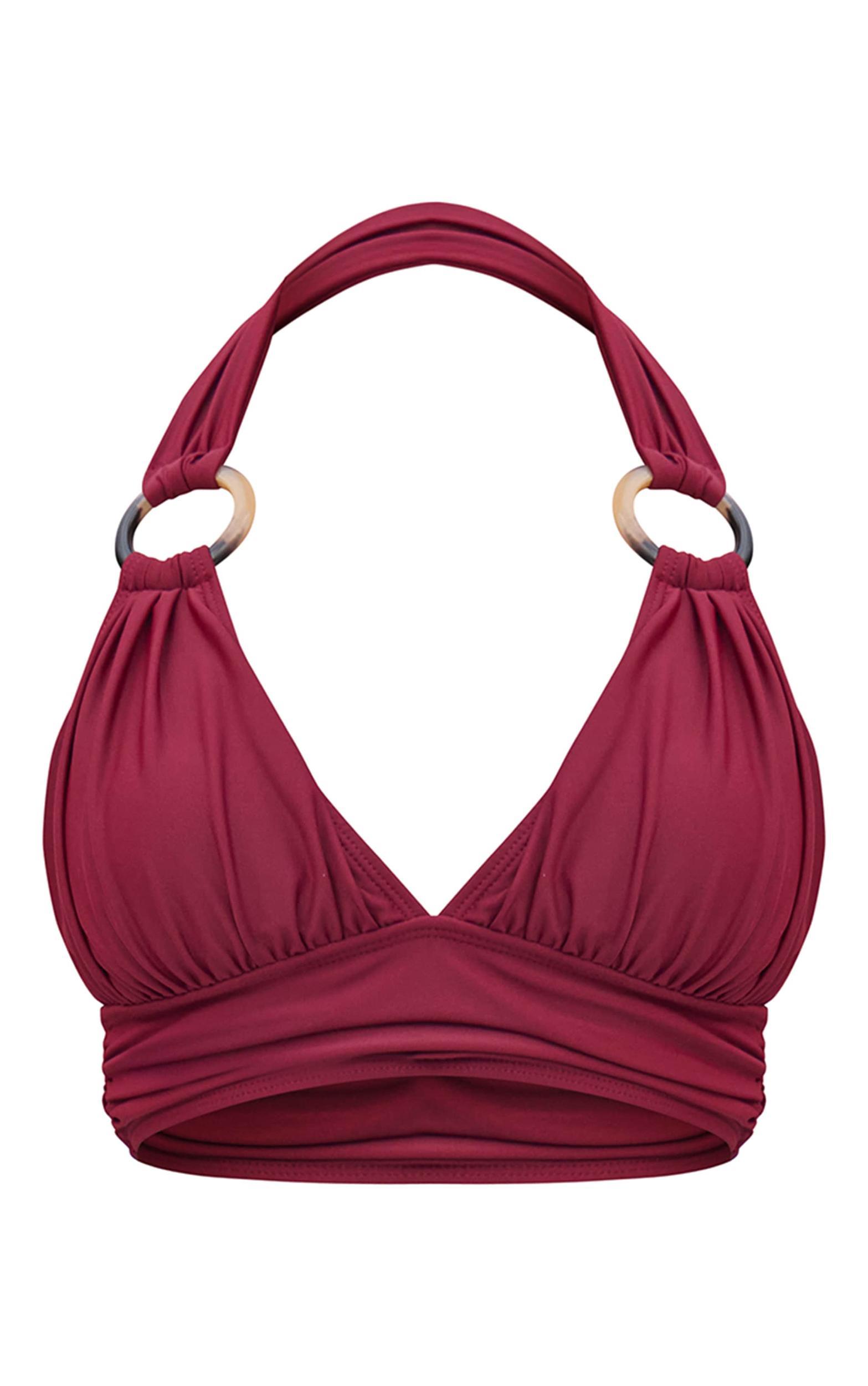 Burgundy O Ring Detail Ruched Triangle Bikini Top Product Image