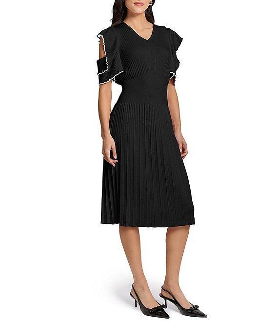 Ming Wang Rib Knit V-Neck Short Cold Shoulder Fit And Flare Midi Dress Product Image