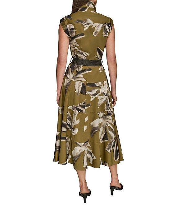 Donna Karan Blurred Floral Stretch Sateen Cap Sleeve Belted Button Front Midi Dress Product Image