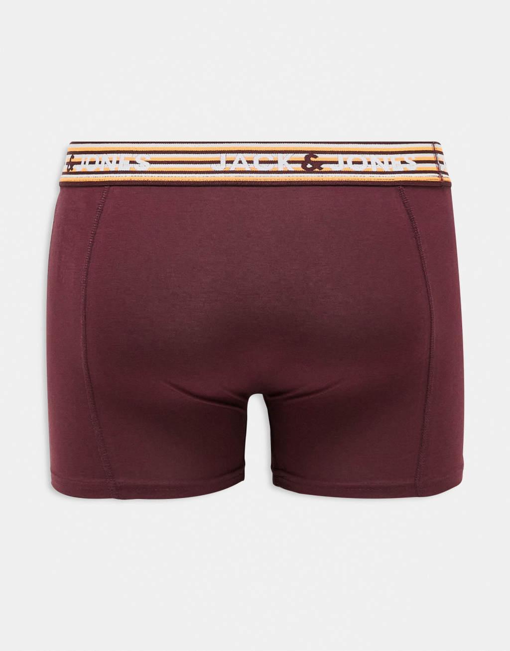 Jack & Jones 3 pack trunks with neon striped waist band in green & burgandy Product Image