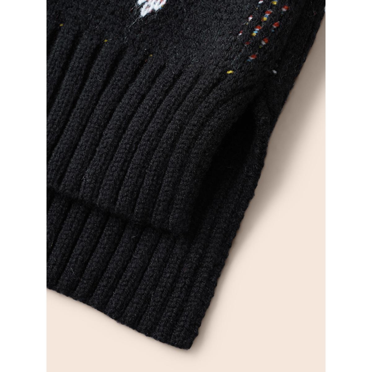 Plus Size Polka Dot Texture Split Hem Pullover Black Women Casual Long Sleeve Round Neck Everyday Pullovers BloomChic 12/L Product Image