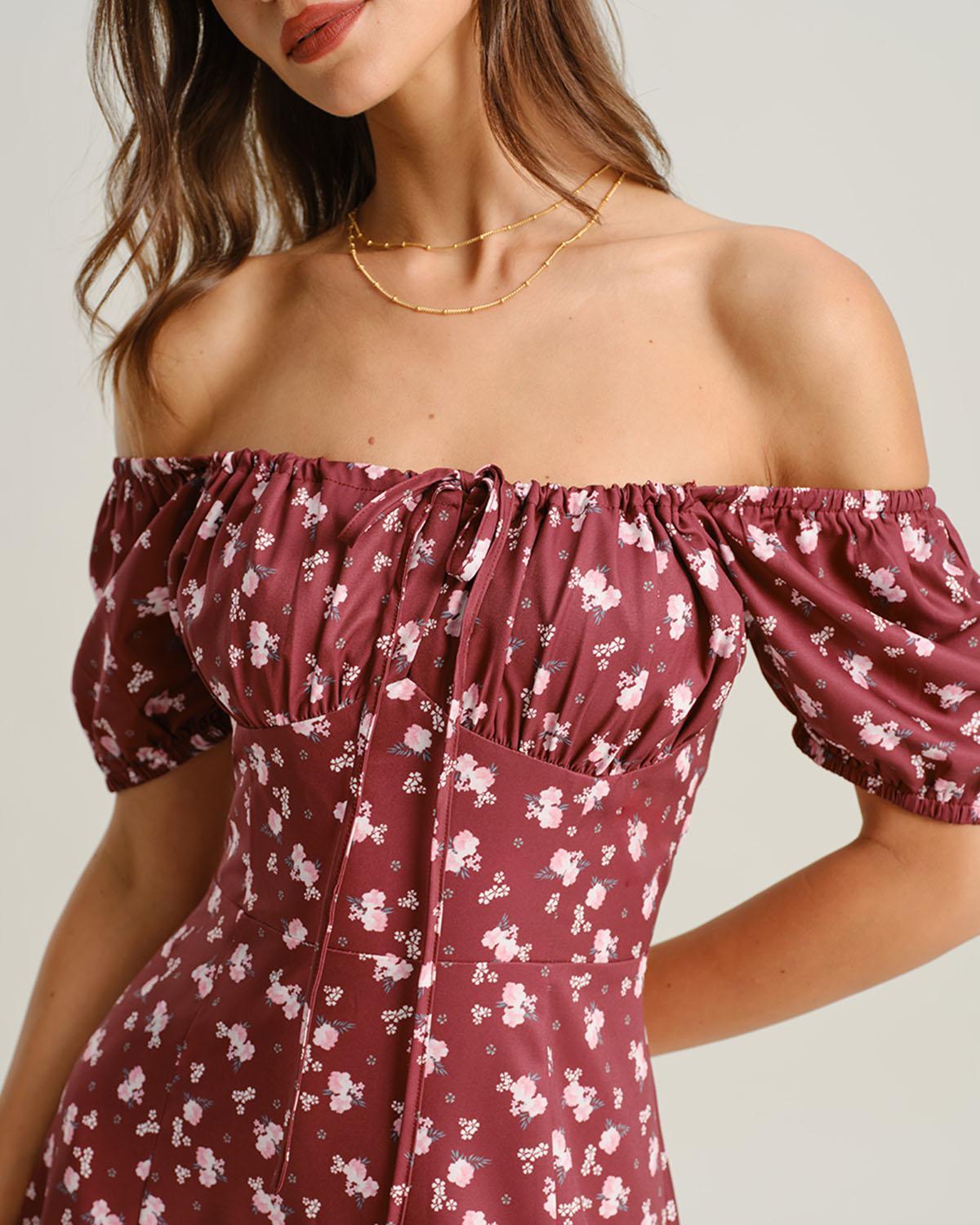 Wine Red Floral Square Neck Puffed Sleeve Midi Dress Product Image