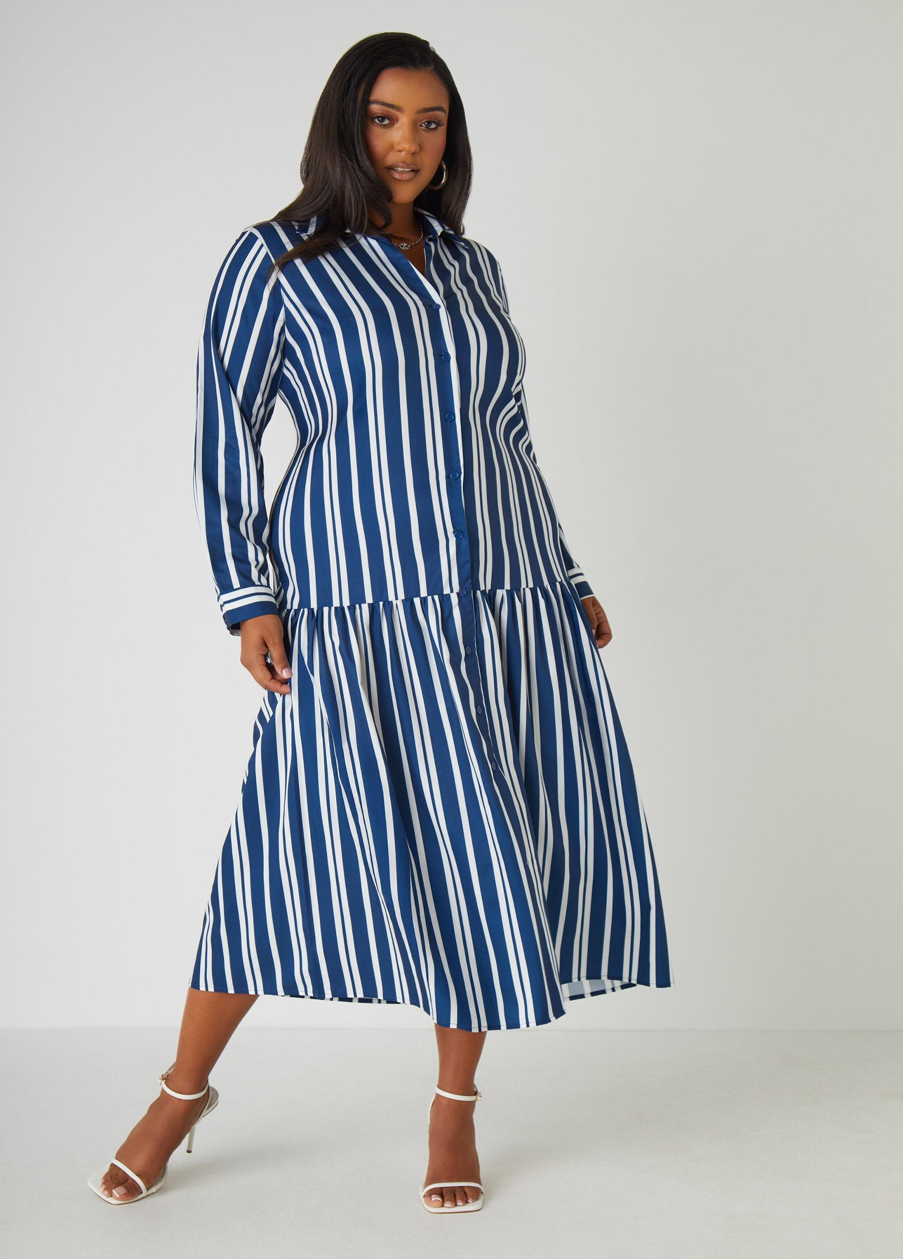 Striped Drop Waist Shirtdress Product Image