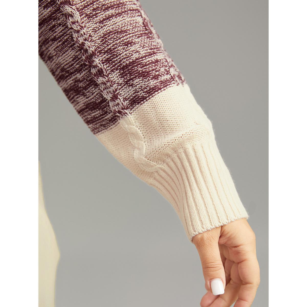 Plus Size Cable Knit Heather Colorblock Patchwork Pullover Burgundy Women Casual Loose Long Sleeve Round Neck Dailywear Pullovers BloomChic 22-24/3X Product Image