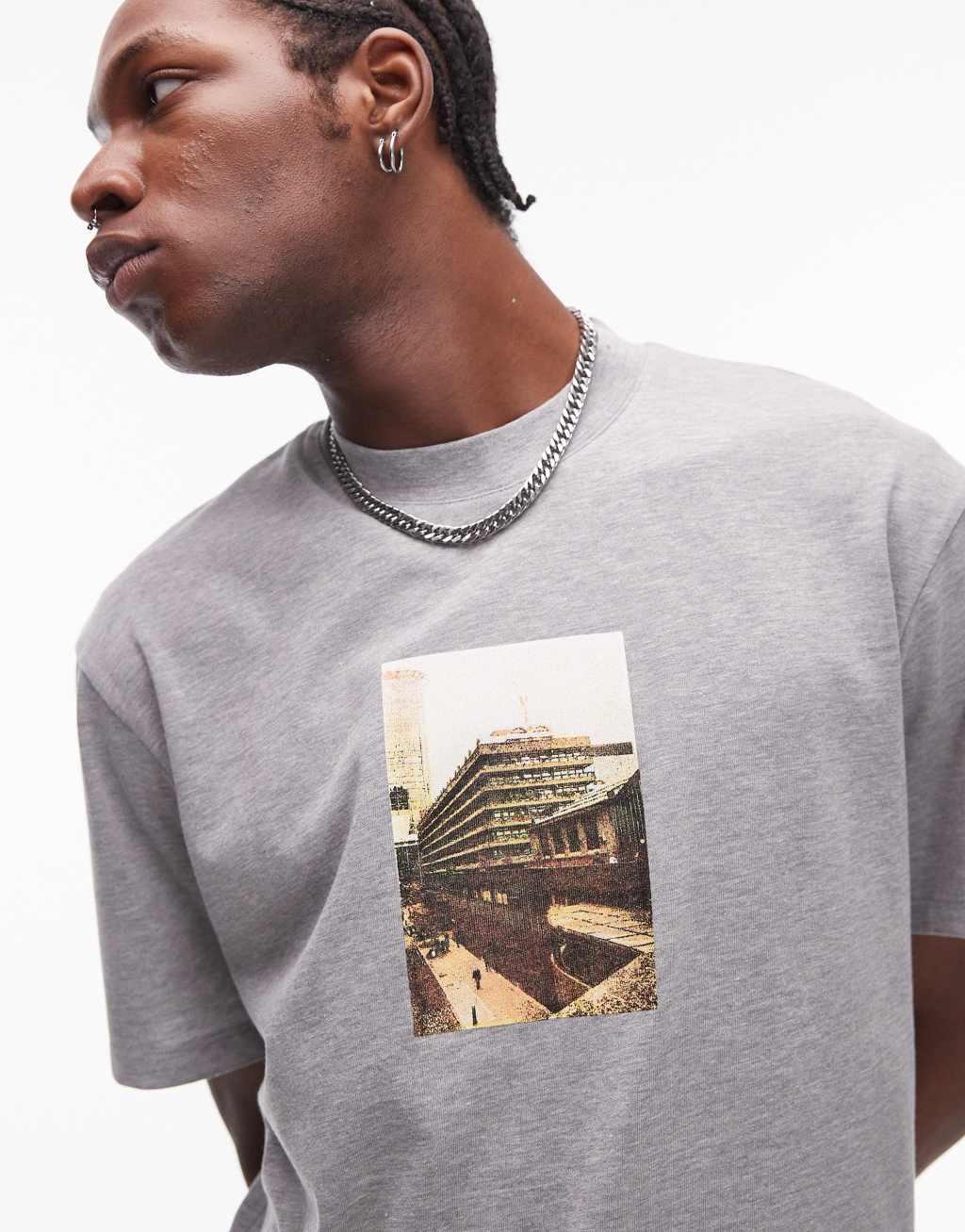 Topman oversized fit t-shirt with London picture print in gray heather Product Image