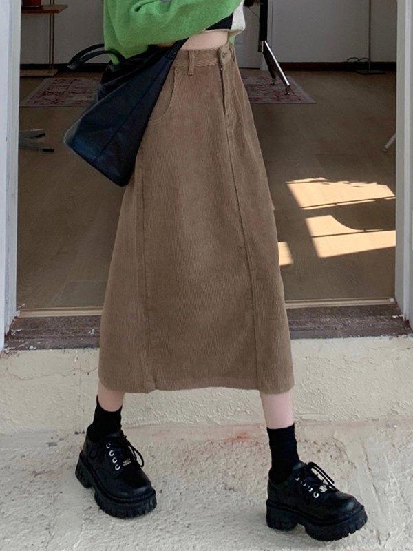 Back Slit Corduroy Midi Skirt Product Image